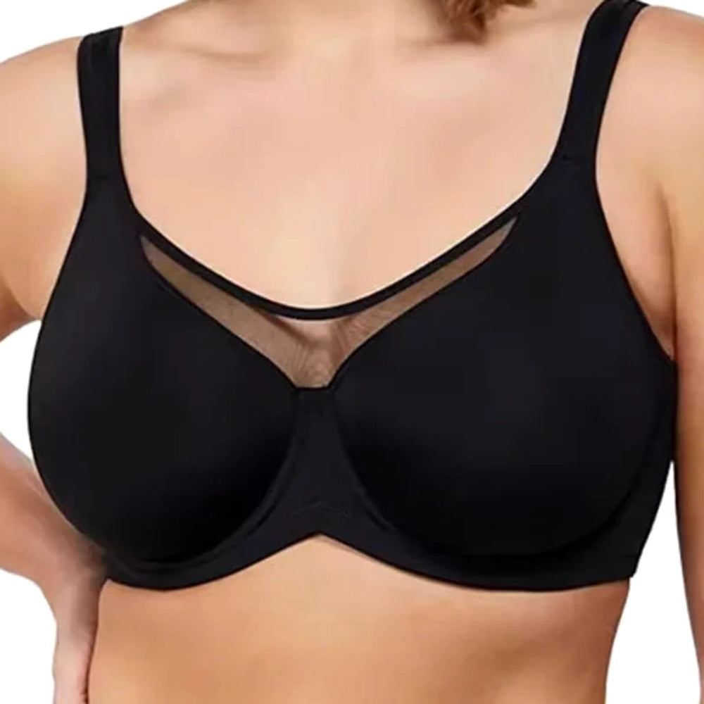 Närbild på Lovelle Skin Support i svart: hög nätpanel mitt fram, slät kupa och breda axelband
