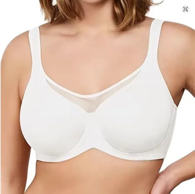 Lovelle Grace minimizer-BH i vit med slät ofodrad kupa och nätpanel, på modell
