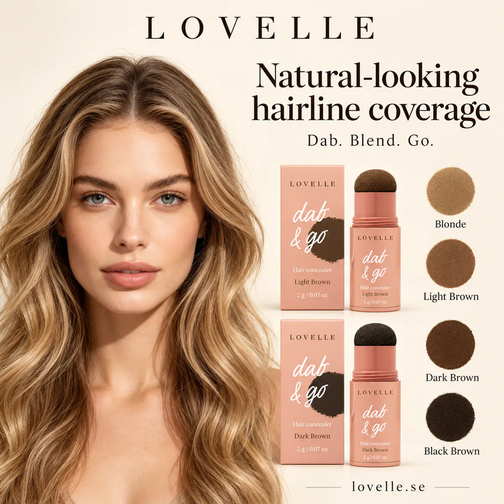 Kvinna med långt blont hår bredvid Dab &amp; Go-stift i fyra nyanser: Blonde, Light Brown, Dark Brown och Black Brown