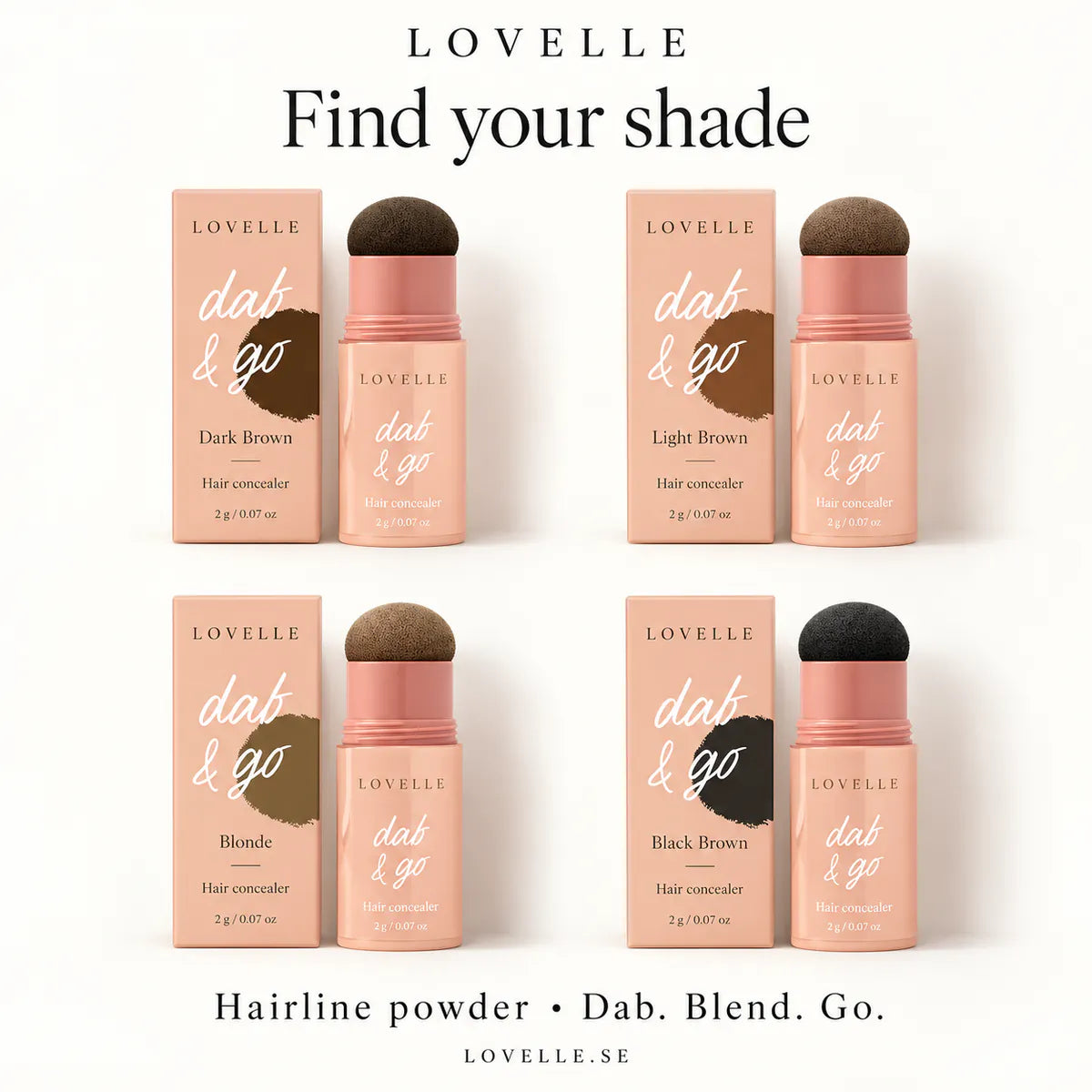 Alla fyra nyanser av Lovelle Dab &amp; Go: Dark Brown, Light Brown, Blonde och Black Brown